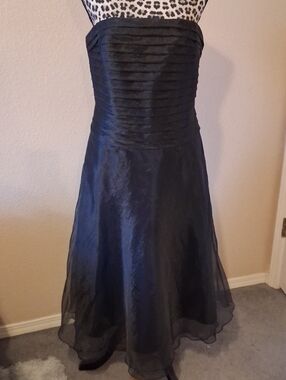 Bari Jay Black Strapless Dress. Pleated Bodice and Flowing  Chiffon Skirt. 14